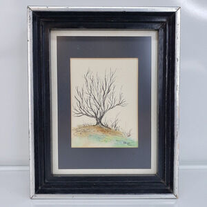 Handmade Signed Tree Pen Ink Drawing Framed 7x9 Black White Green Art Rebecca...